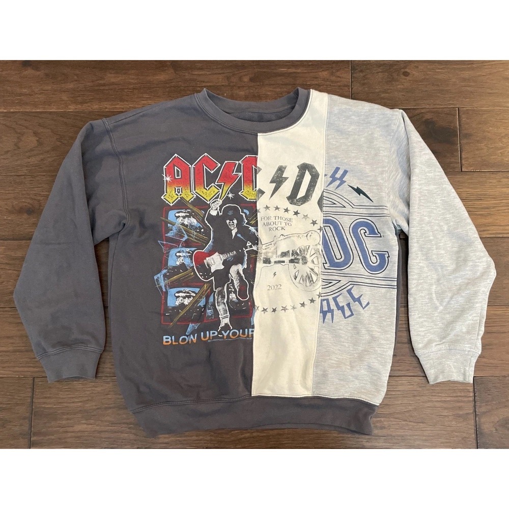 ACDC Sweatshirt Mens Large Gray Patchwork Rock High Voltage Blow Up Video
